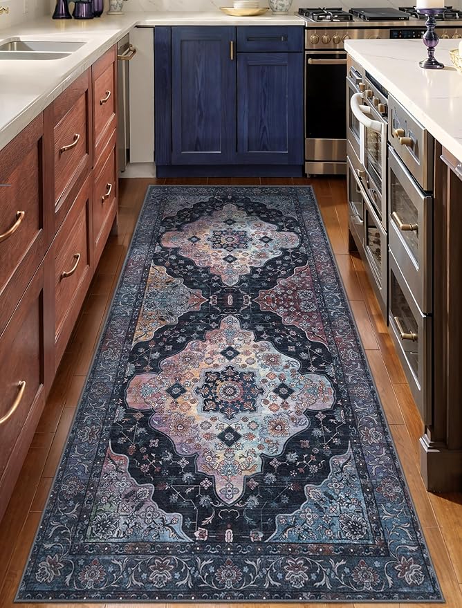 2x5 Washable Runner Rug for Hallways, Non Slip Vintage Runner, Soft Low Pile Long Rug Runner, Print Distressed Navy/Mlulti Carpet Runners for Kitchen Bedroom Entryway Bathroom Living Room