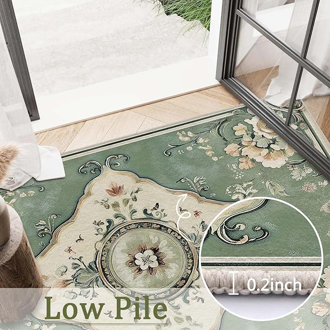 3x5 Area Rug Machine Washable Entryway Rugs Boho Green Rug Non-Slip Low Pile Door Mat Entrance Small Carpet for Home Kitchen Bathroom Bedroom