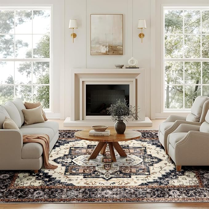 Washable 9x12 Area Rugs, Rugs for Living Room, Low-Pile Water&Stain Resistant Carpet Vintage Distressed Printed Non-Slip Carpet for Bedroom Bathroom Kitchen-Light Yellow/Choco/Brown/Navy Blue