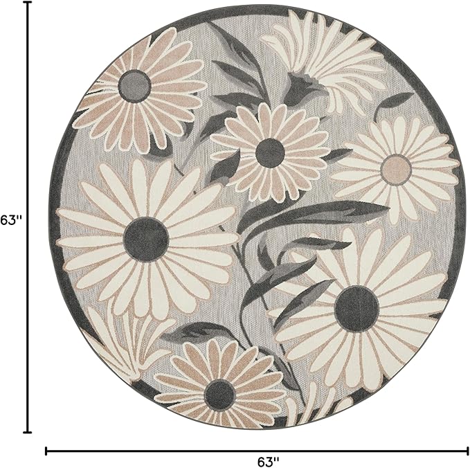 Nourison Aloha Outdoor Beige 5'3" x Round Area Rug, Easy Cleaning, Non Shedding, Bed Room, Living Room, Dining Room, Deck, Backyard, Patio (5 Round)