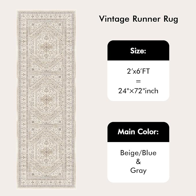 2x6 Runner Rug for Hallway Washable: Non Slip Kitchen Rugs with Rubber Backing Soft Waterproof Mats Stain Resistant Indoor Vintage Carpet Runner for Bedroom Bathroom Laundry Entryway Beige/Gray