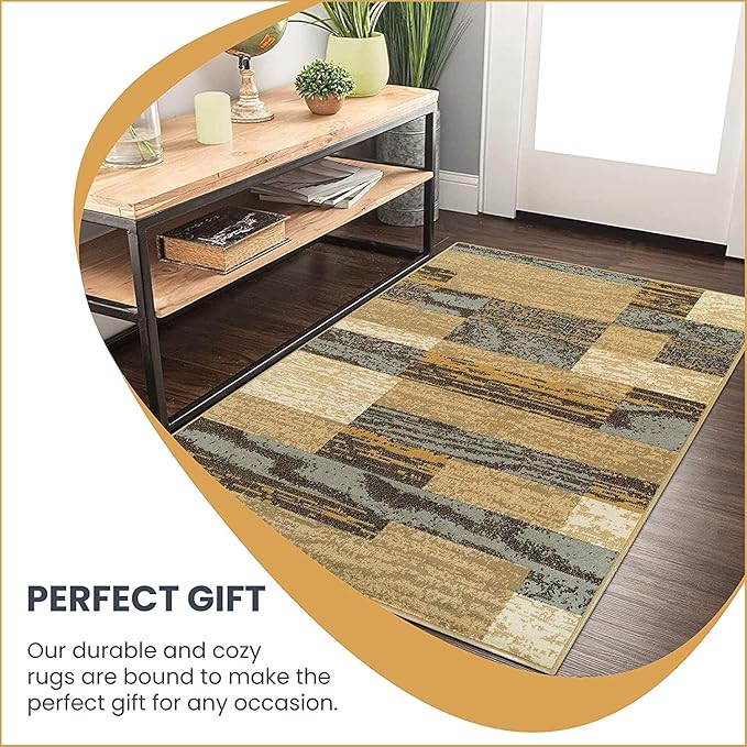 SUPERIOR Indoor Runner Rug, Jute Backed, Modern Geometric Patchwork Floor Decor for Bedroom, Office, Living Room, Entryway, Hardwood Floors, Rockwood Collection, 2' 7" x 12', Light Blue-Beige