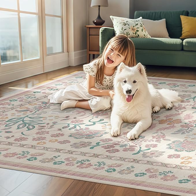 6x9 Area Rug Living Room Rugs - Washable Boho Vintage Floral Large Soft Non Slip Thin Rug Low Pile Carpet for Bedroom Dining Room Kids Playroom Office Decor Indoor- Pink