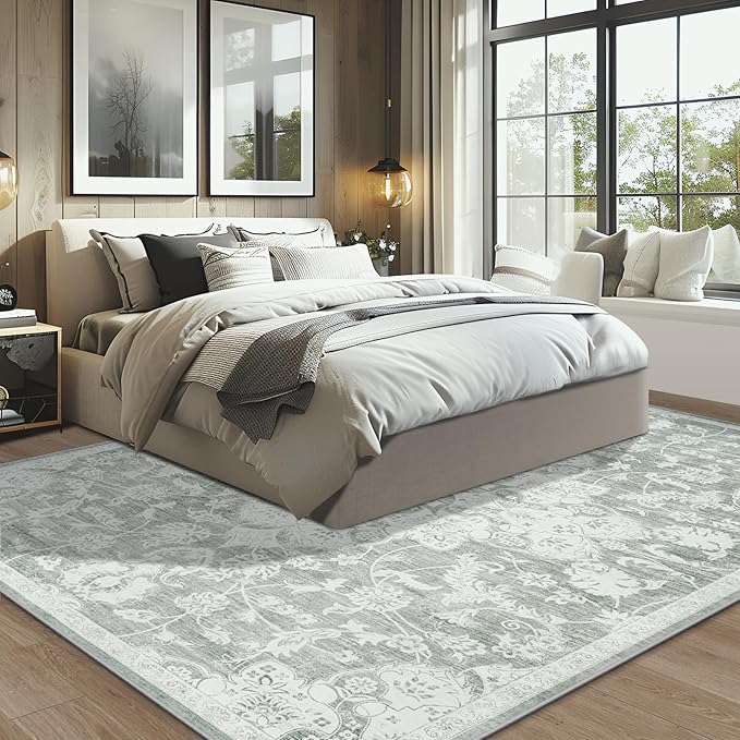 Washable Rugs 8x10 Area Rugs, Soft Vintage Living Room Rug with Anti-Skid Backing Stain Resistant Thin Indoor Carpet Large Area Rug for Bedroom Under Dining Room Table Nursery Entryway-Gray/Ivory