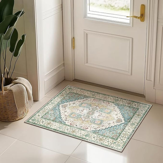 Washable 2x3 Area Rugs, Rugs for Living Room, Low-Pile Water&Stain Resistant Carpet Vintage Distressed Printed Non-Slip Carpet for Bedroom Bathroom Kitchen-Grass Green