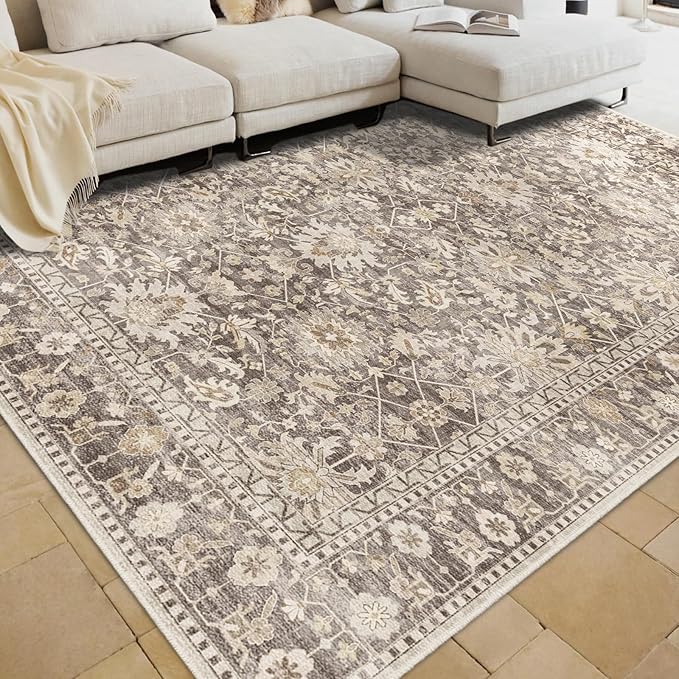 9X12 Area Rugs Machine Washable Rugs for Living Room Bedroom Hallway, Non Slip Indoor Soft Accent Distressed Boho Vintage Print Lightweight Thin Low Pile Carpet (Coffee, 9x12)