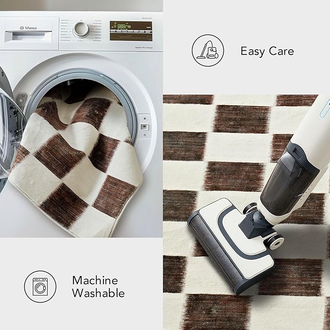 EVERGRACE Checkered Plaid Area Rug 3x5, Soft Fuzzy Faux Wool Rugs Washable Anti Slip Rugs Small for Entryway Bedroom Living Room Hallway Kitchen Dining Room and Laundry Room, Dark Brown and White