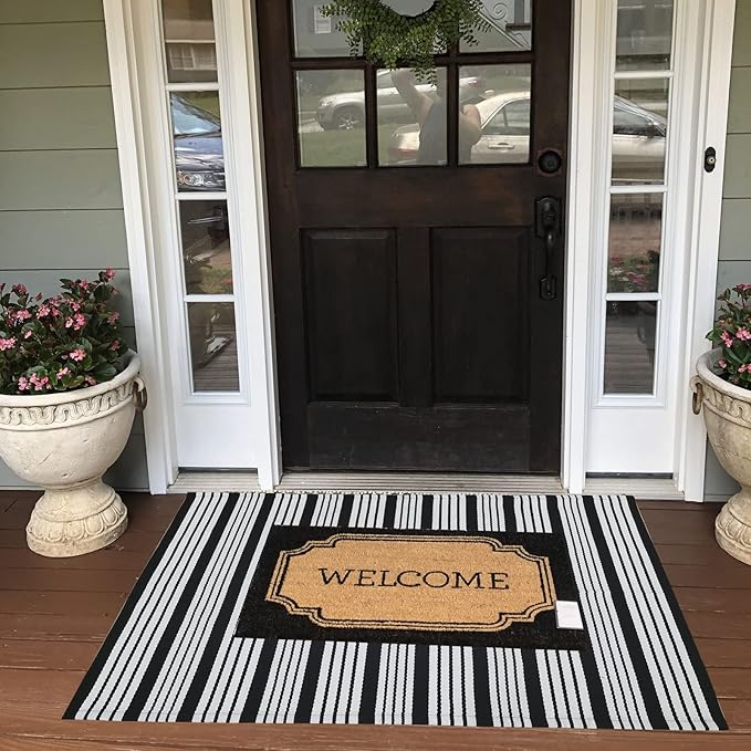 Black and White Striped Outdoor Rug 27.5"x43" Cotton Hand-Woven Reversible Foldable Washable Area Rug for Layered Door Mats Porch/Front Door, Entryway, Laundry Room, Farmhouse, Kitchen (27.5'' x 43'')