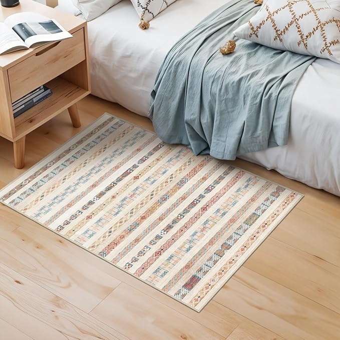 2x3 Washable Moroccan Area Rug: Geometric Boho Area Rugs for Entryway Small Mat for Kitchen with Non-Slip Backing Indoor Bedroom Door Mat Yellow Colourful 2'x3'.