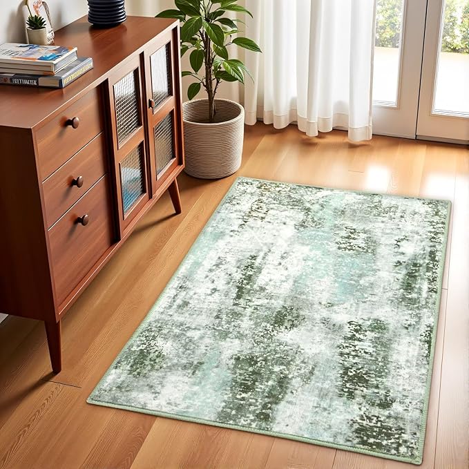 Washable Abstract Rug, 2x3 Small Modern Area Rugs with Non-Slip Rubber Backed for Kitchen, Thin but Soft Throw Carpet Bedroom Entryway Front Door Decor, Green