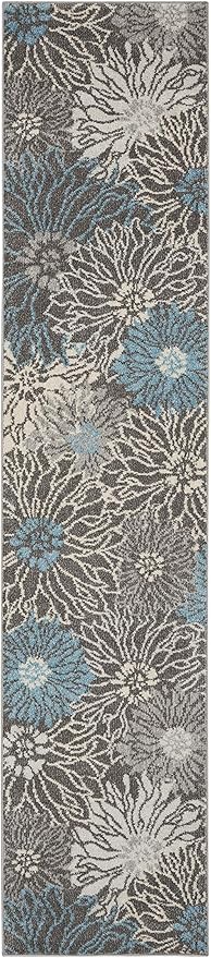 Nourison Passion Charcoal/Blue 2'2" x 10' Area Rug, Floral, Farmhouse, Easy Cleaning, Non Shedding, Bed Room, Living Room, Dining Room, Kitchen, (10' Runner)