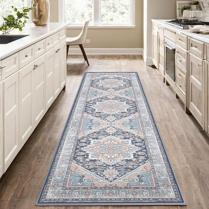 BESTSWEETIE 2x6 Area Rugs for Living Room Washable Non Slip Carpet Low Pile Soft Vintage Print Pattern Rug for Bedroom Dining Room Kitchen Entryway Indoor-Navy Blue/Light Blue/Natural/Brick