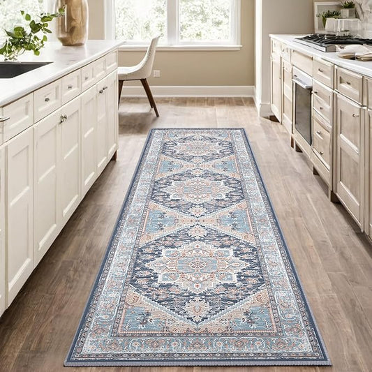 BESTSWEETIE 2x8 Area Rugs for Living Room Washable Non Slip Carpet Low Pile Soft Vintage Print Pattern Rug for Bedroom Dining Room Kitchen Entryway Indoor-Navy Blue/Light Blue/Natural/Brick