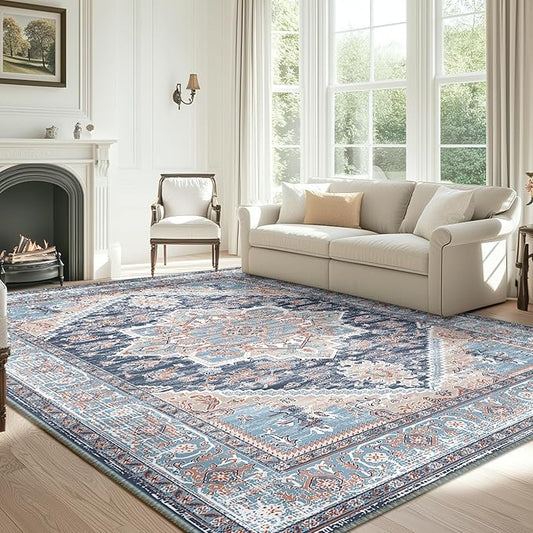 BESTSWEETIE 8x10 Area Rugs for Living Room Washable Non Slip Carpet Low Pile Soft Vintage Print Pattern Rug for Bedroom Dining Room Kitchen Entryway Indoor-Navy Blue/Light Blue/Natural/Brick