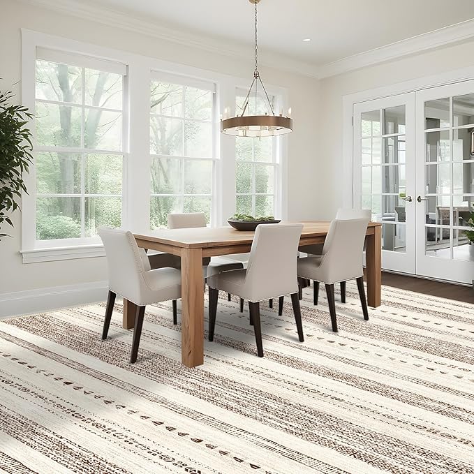 10x14 Large Area Rug: Soft Ultra Thin Machine Washable Farmhouse Area Rugs for Living Room Non-Slip Neutral Modern Geometric Indoor Floor Carpet for Bedroom Under Dinning Table Brown
