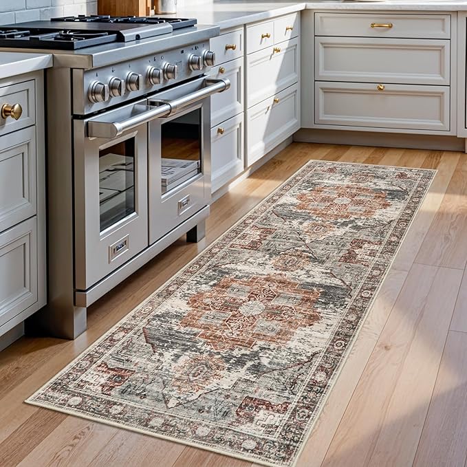 Washable Hallway Runner Rug 2x6 - Boho Rugs for Living Room Stain Resistant Carpet Vintage Tribal Rugs for Bedroom Kitchen Bathroom Non Slip Backing Home Decor Floor Decoration Mat 2x6 Brick