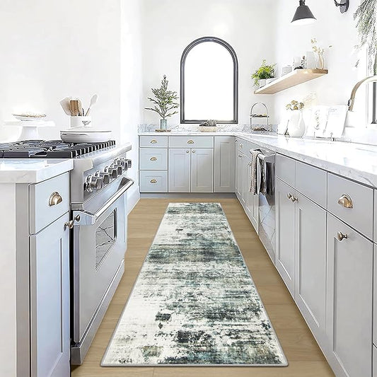 2'6''x8' Runner Rugs Washable Rug: Modern Abstract Hallway Runner Rug Indoor Soft Low Pile Thin Carpet Anti-Skid Non-Shedding Carpets for Kitchen, Entryway, Laundry, Bedroom - Green Multi