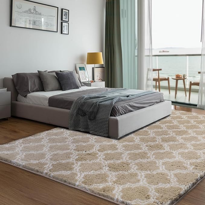 Luxury Area Rug 6x9 Feet Shag Rugs for Living Room, High Pile Fluffy Carpet for Bedroom, Kids Room, Nursery, Home Decor, Geometric, Beige/White
