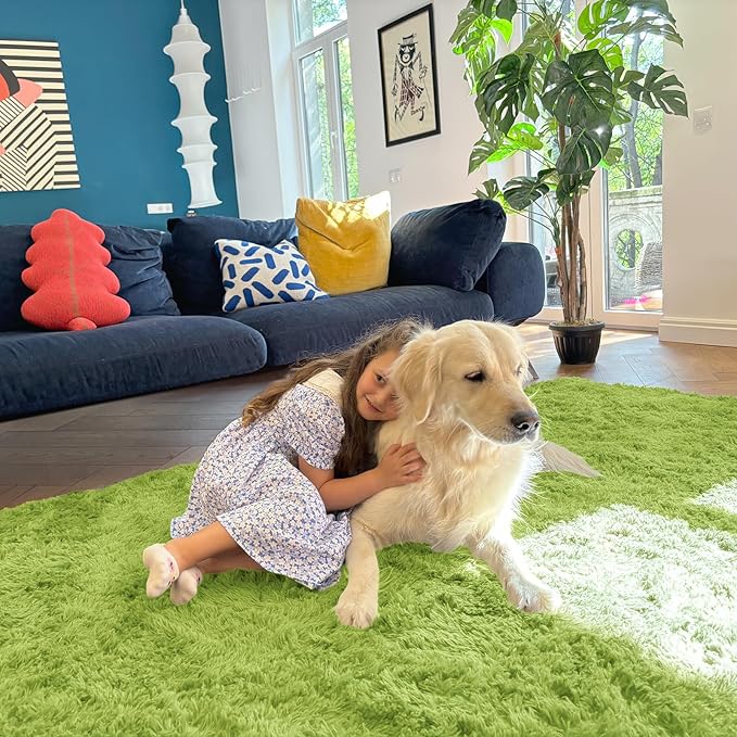 OLANLY Area Rugs for Living Room Bedroom, Machine Washable 4x5.9 Feet Soft Fluffy Shaggy Bedside Rug, Indoor Floor Carpet for Kids Girls Boys, Dorms, Nursery Rooms, Home Decor Aesthetic, Grass Green