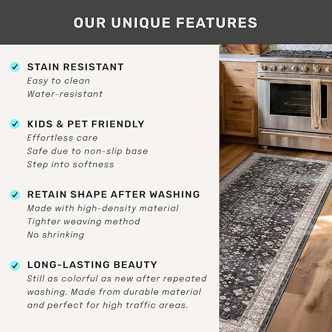 Black Boho Washable 2x6 Runner Rugs for Hallway Kitchen Bedroom Beside Laundry Room Bathroom Rug, Pet & Kids Friendly, Non Slip Low Pile Stain Resistant Soft Faux Wool Long 24 x 72 Floor Carpet