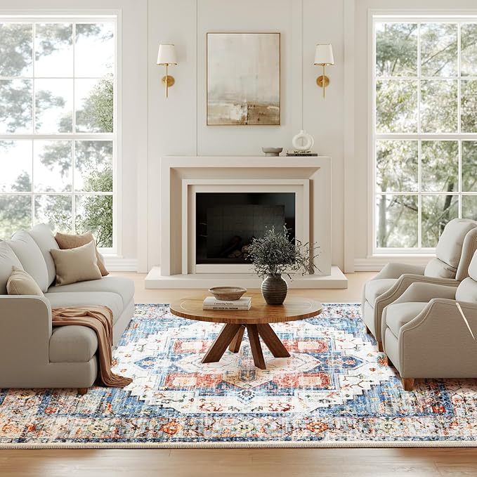 Washable 9x12 Area Rugs, Rugs for Living Room, Low-Pile Water&Stain Resistant Carpet Vintage Distressed Printed Non-Slip Carpet for Bedroom Bathroom Kitchen-Blue