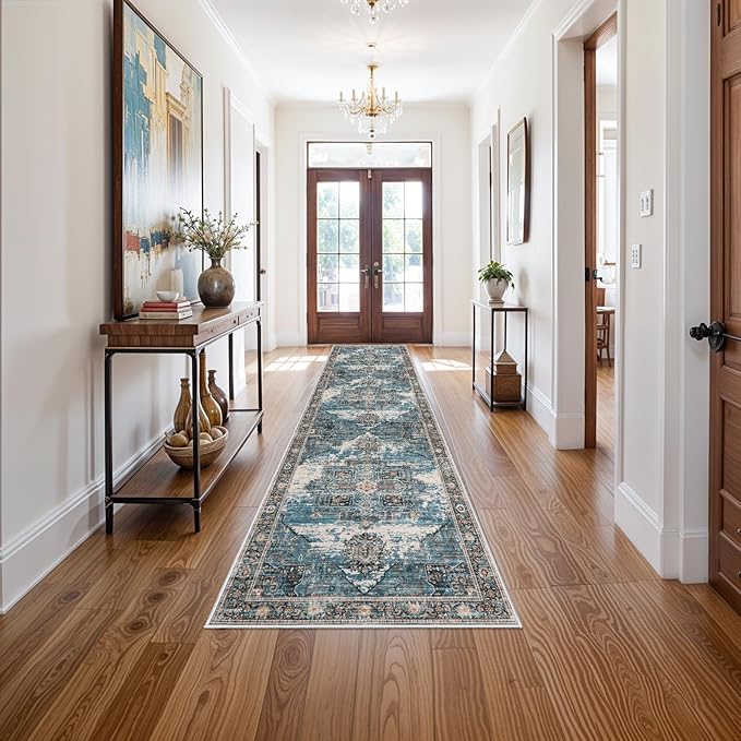 RUUGME Washable 3x12 Runner Rug - Boho Rugs for Living Room Stain Resistant Carpet Vintage Tribal Rugs for Bedroom Kitchen Bathroom Non Slip Backing Decor Floor Decoration Mat 3x12 Blue