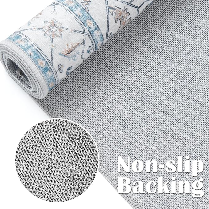 jinchan Hallway Runner Rug 2x10 - Kitchen Machine Washable Vintage Floral Non-Slip with Rubber Backing Ultra-Thin Carpet for Bedroom Laundry Room Living Room (2x10ft,Grey/Blue)