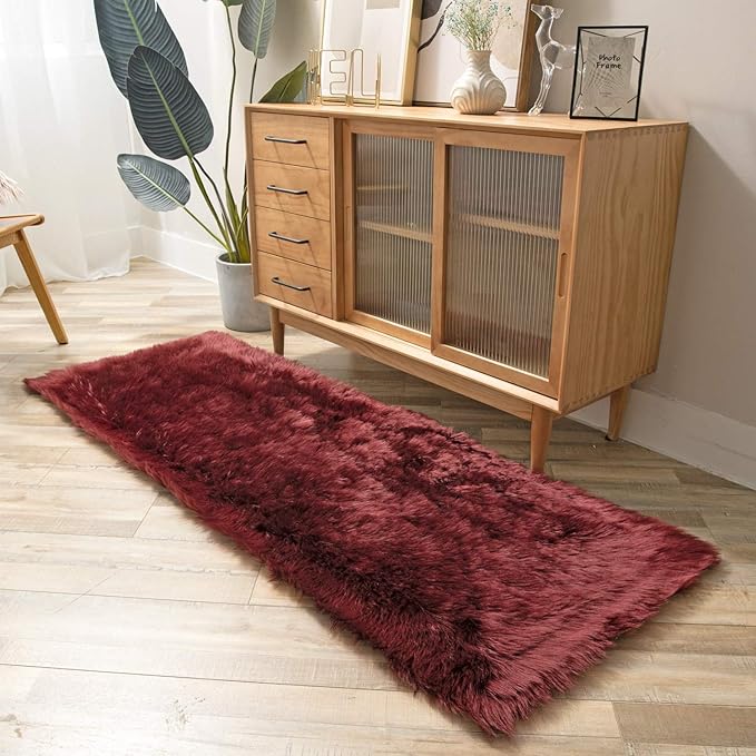 Ashler faux fur rug, Fluffy Shaggy Area Rug Ultra Soft 2.2 x 6 Feet Rectangle Fur Rug, Dark Red Fuzzy Rug Machine Washable Shag Rug, Nursery Decor Throw Rugs for Bedroom, kids room, Living Room