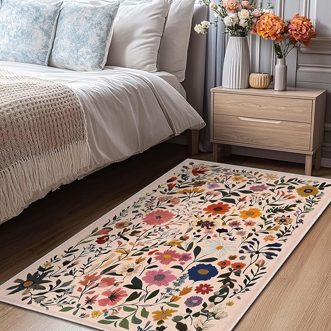 3x5 Entryway Rug Boho Floral Area Rug Bedroom Bedside Ultra-Thin Soft Small Carpet Bathroom Non Slip Indoor Entrance Low Pile Door Mat Kitchen Stain Resistant Washable Machine