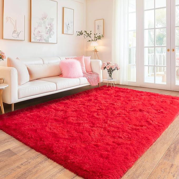 Red Area Rugs 4x6 for Bedroom Living Room, Non-Slip Fluffy Shag Floor Carpet, Shaggy Soft Plush High Pile Modern Indoor Rug for Girls Kids Baby Nursery Room Decor