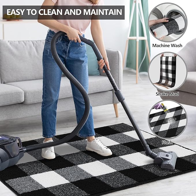 FONEYI Buffalo Plaid Outdoor Rug, 2'x6' Checkered Front Door Mat, Non Slip Absorbent Entryway Rug Doormat Indoor, Washable Outdoor Rugs for Layered Door Mats Front Porch/Farmhouse Grey and White