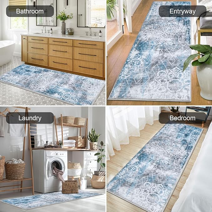 HEBE Hallway Runner Rug 2'x6' Washable Vintage Distressed Area Rugs Non Slip Laundry Rug Runner Boho Floor Carpet Runners for Hallways Entryway Laundry Room Kitchen Bathroom