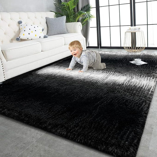 TWINNIS Super Soft Shaggy Rugs Fluffy Carpets, 4x5.9 Feet, Indoor Modern Plush Area Rugs for Living Room Bedroom Kids Room Nursery Home Decor, Upgrade Anti-Skid Rectangular Fuzzy Rug, Black White