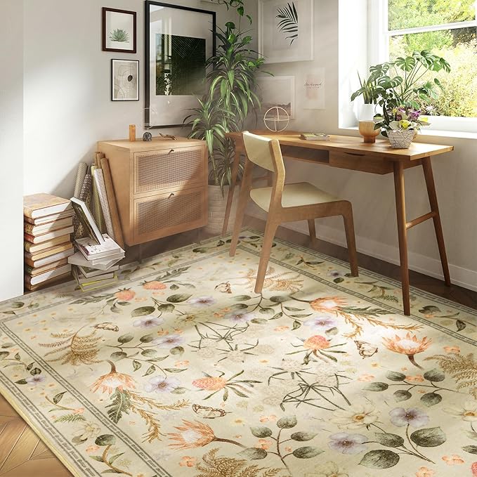 Area Rugs for Living Room, Non-Slip 4x6 Washable Rug for Bedroom,Vintage Floral Carpet for Entryway Office Kitchen Dining Room, Beige
