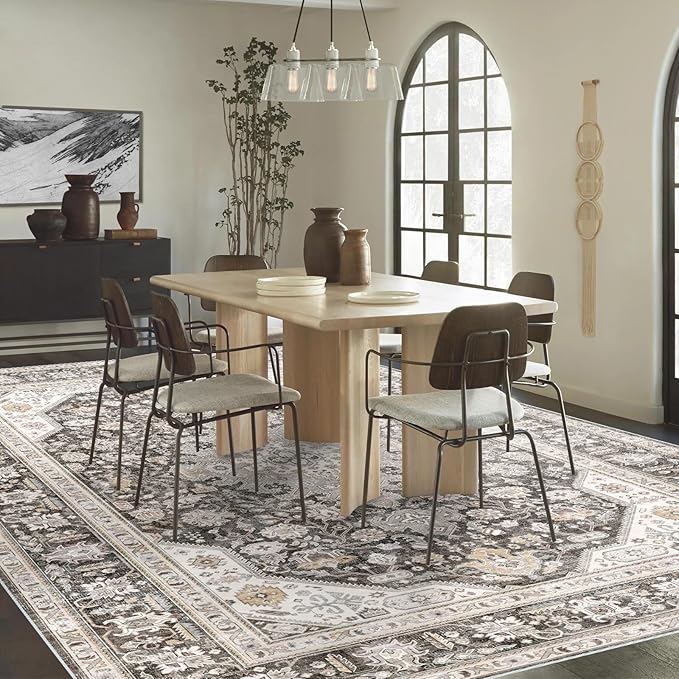 Washable Area Rug - 8x10 Bedroom Living Room Large Indoor Rugs Soft Oriental Vintage Rugs Non-Slip Backing Stain Resistant for Farmhouse Kitchen (8x10 Black/Ivory)