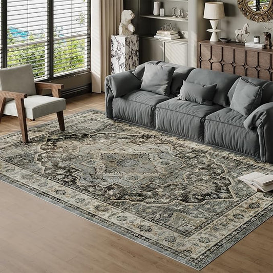Dripex 6x9 Area Rugs, Machine Washable Non Slip Distressed Boho Rugs, Area Rug for Living Room, No Pile Lightweight Vintage Rug, Soft Accent Carpet for Dining Room,Bedroom,Dark Blue and Green