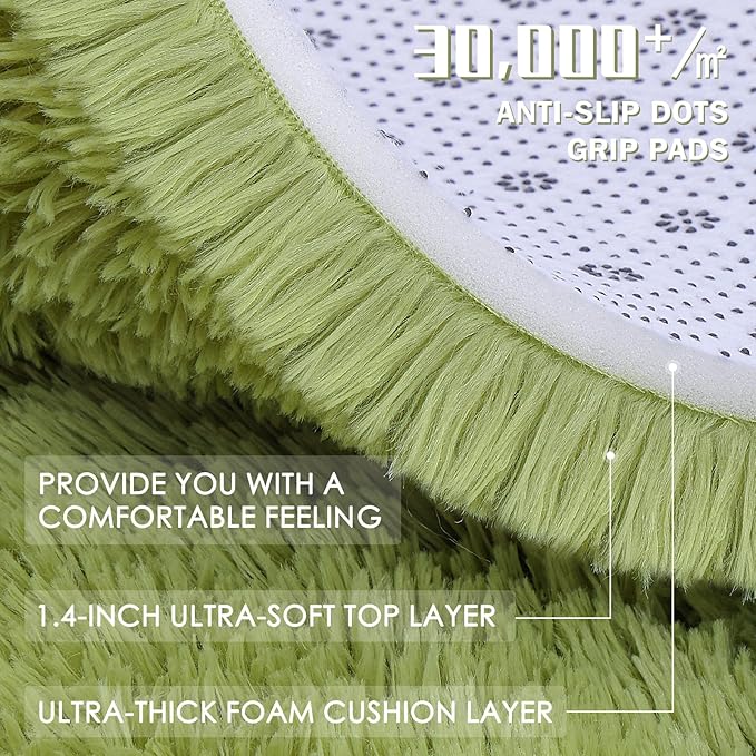 OLANLY Grass Green Round Rugs for Bedroom - Machine Washable, 7x7 Feet Circle Area Rugs for Living Room, Soft Fluffy Shaggy Carpet for Teen Girls and Boys, Dorms, Nursery Rooms, Home Decor Aesthetic