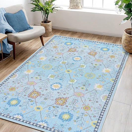 Syalife 3x5 Area Rugs, Non Slip Washable Low Pile Rugs for Living Room, Kitchen, Hallway, Bedroom Bedside, Kids Room, College Dorm (Blue Floral, 3'x5')