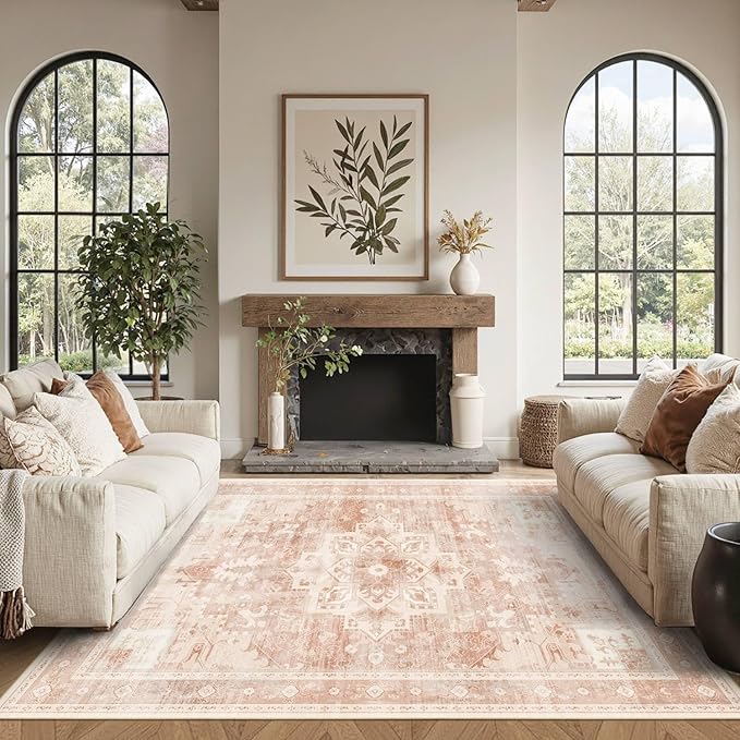 4x6 Washable Area Rug for Living Room, Vintage Boho Rugs for Office, Dining Room, Kids Room, Farmhouse, Durable Low Pile Non Slip Carpet for High Traffic Areas, Orange