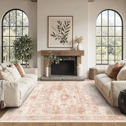 4x6 Washable Area Rug for Living Room, Vintage Boho Rugs for Office, Dining Room, Kids Room, Farmhouse, Durable Low Pile Non Slip Carpet for High Traffic Areas, Orange