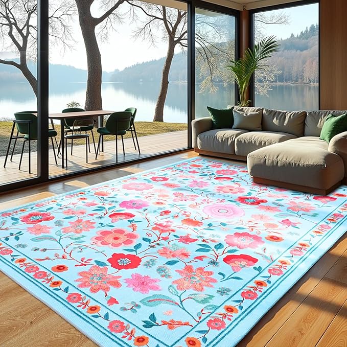 Area Rugs for Living Room 9x12 Non-Slip Carpet Washable Boho Rug Vintage Low Pile Carpet Print Home Rugs for Bedroom Kids Room Playroom Dining Room Home Office Farmhouse,Blue