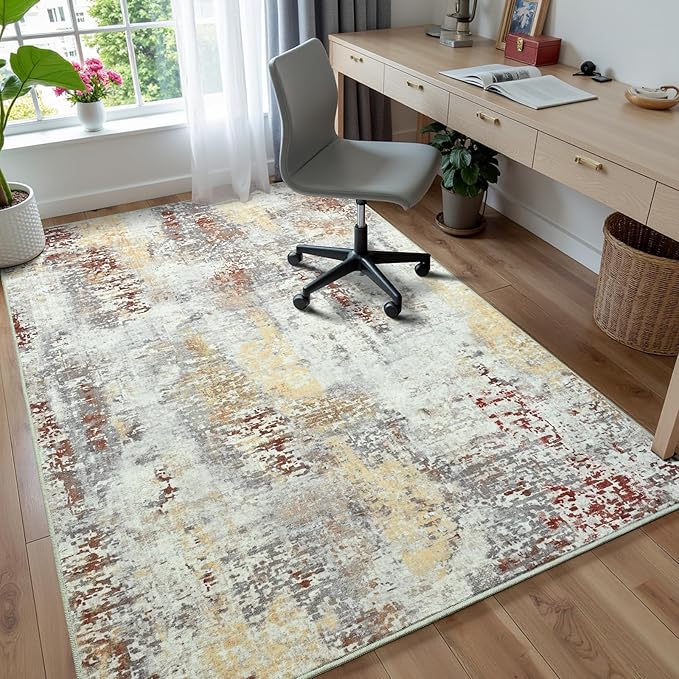 3x5 Washable Area Rug for Living Room Bedroom, Modern Abstract Non-Slip Rugs, Tan Low Pile Soft Stain Resistant Carpet for Dining Room, Kitchen, Office, Dorm, Bedside Decor