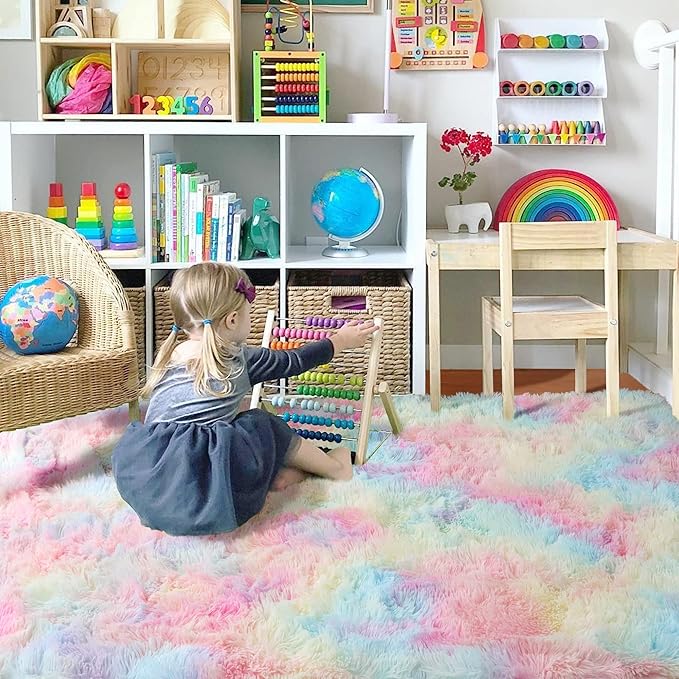 RUGTUDER 5x8 Rainbow Colorful Area Rugs for Girls Bedroom, Kawaii Princess Shaggy Rugs for Kids Playroom, Plush Soft Cute Baby Nursery Carpet, Toddler Girl Room Decor, Home Decor Aesthetic