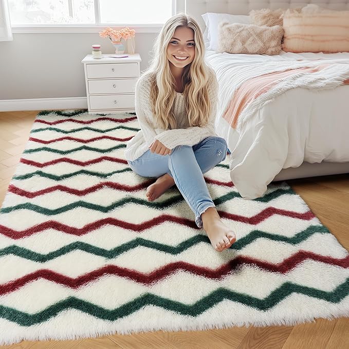 RUGTUDER Soft Fluffy Rugs for Bedroom, Washable Fuzzy Furry Rugs for Living Room, 4x6 Non Slip Striped Geometric Shaggy Rug for Living Room Girls Boys Dorm Classroom Nursery Decor, White Red Green