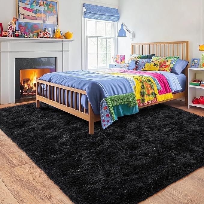Black Area Rugs 8x10 for Living Room, Large Shag Plush Rug Bedroom Carpet, Non-Slip Modern Fluffy Indoor Floor Rug for Kids Room Dorm Nursery Home Decor Aesthetic