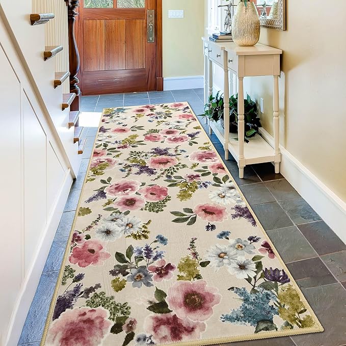 2x6 Runner Rug for Hallways Kitchen Machine Washable Boho Floral Rug Runner Non-Slip Soft Low Pile Long Floor Carpet Runner for Laundry, Bedroom, Entryway (Beige)