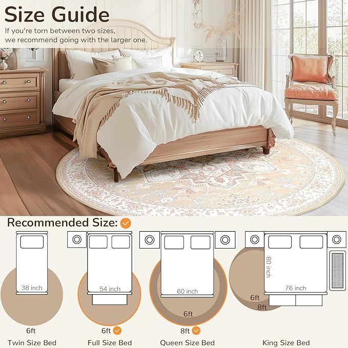 BESTSWEETIE 6ft Area Rugs for Living Room Washable Non Slip Carpet Low Pile Soft Vintage Print Pattern Rug for Bedroom Dining Room Kitchen Entryway Indoor-Cream/Light Yellow/Brown/Blue/Red/Pink
