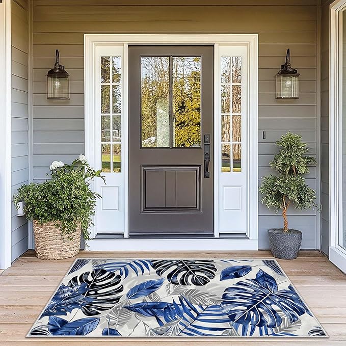 3x5 Entryway Rug Botanical Tropical Leaf Navy Blue Grey Area Rug Bedroom Bedside Thin Small Carpet Bathroom Non Slip Indoor Entrance Low Pile Door Mat Kitchen Stain Resistant Washable Machine