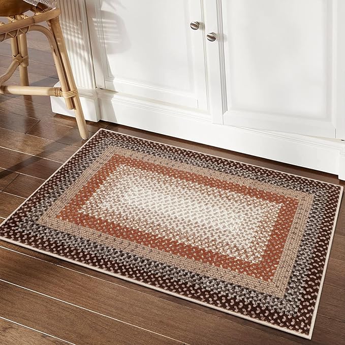 Imitation Braided Collection-Print Washable Area Rugs 2x8 Carpet Runner with Non-Slip Backing, Contemporary Bordered Hallway Rug, Farmhouse Low Pile Floor Cover for Kitchen, Laundry, Bedroom