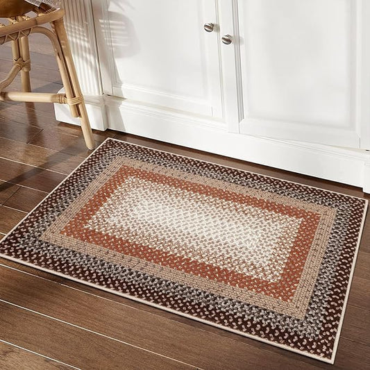 Imitation Braided Collection-Print Washable Area Rugs 2x8 Carpet Runner with Non-Slip Backing, Contemporary Bordered Hallway Rug, Farmhouse Low Pile Floor Cover for Kitchen, Laundry, Bedroom